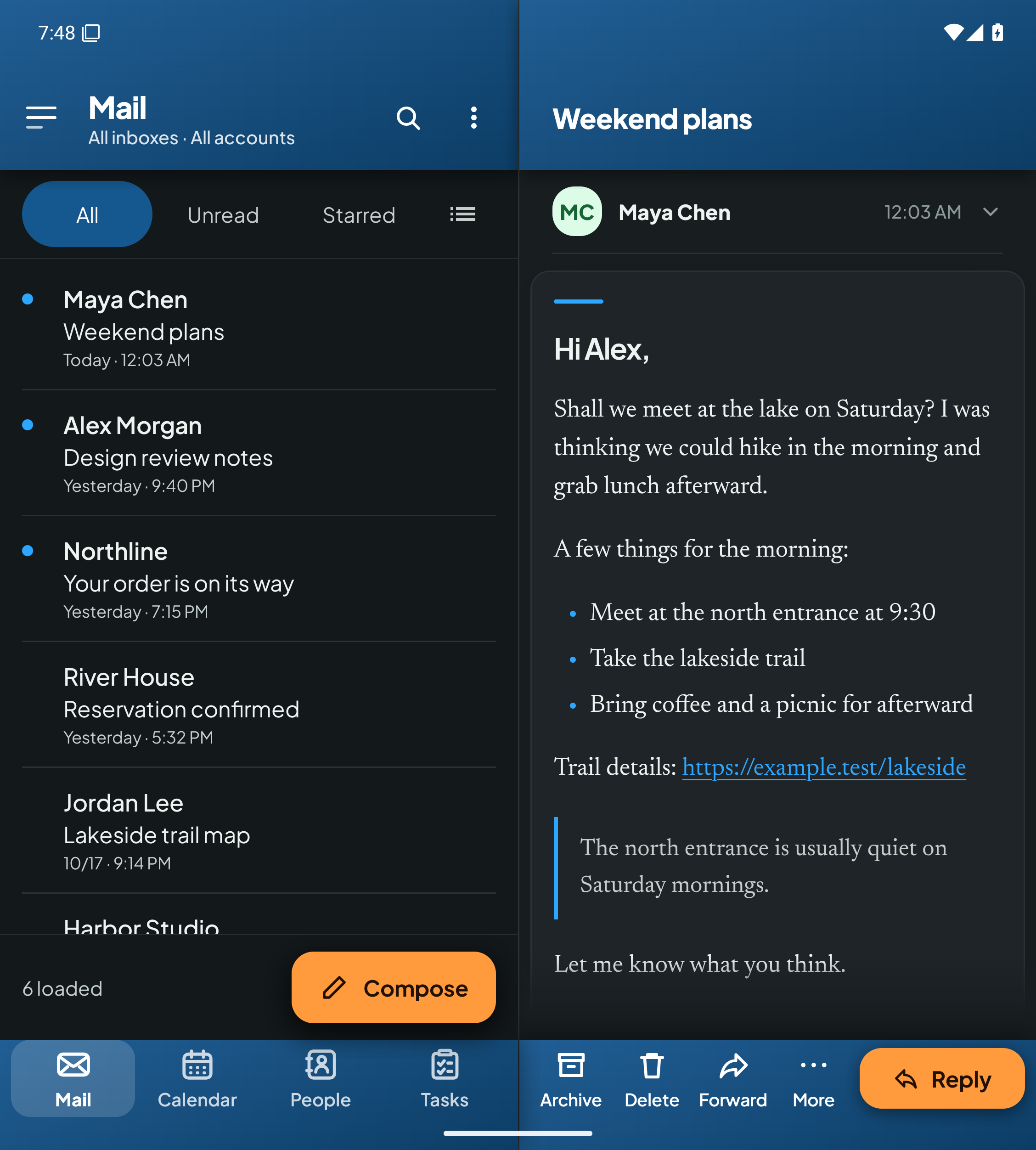 Keryx on an open foldable, with the inbox beside an open message