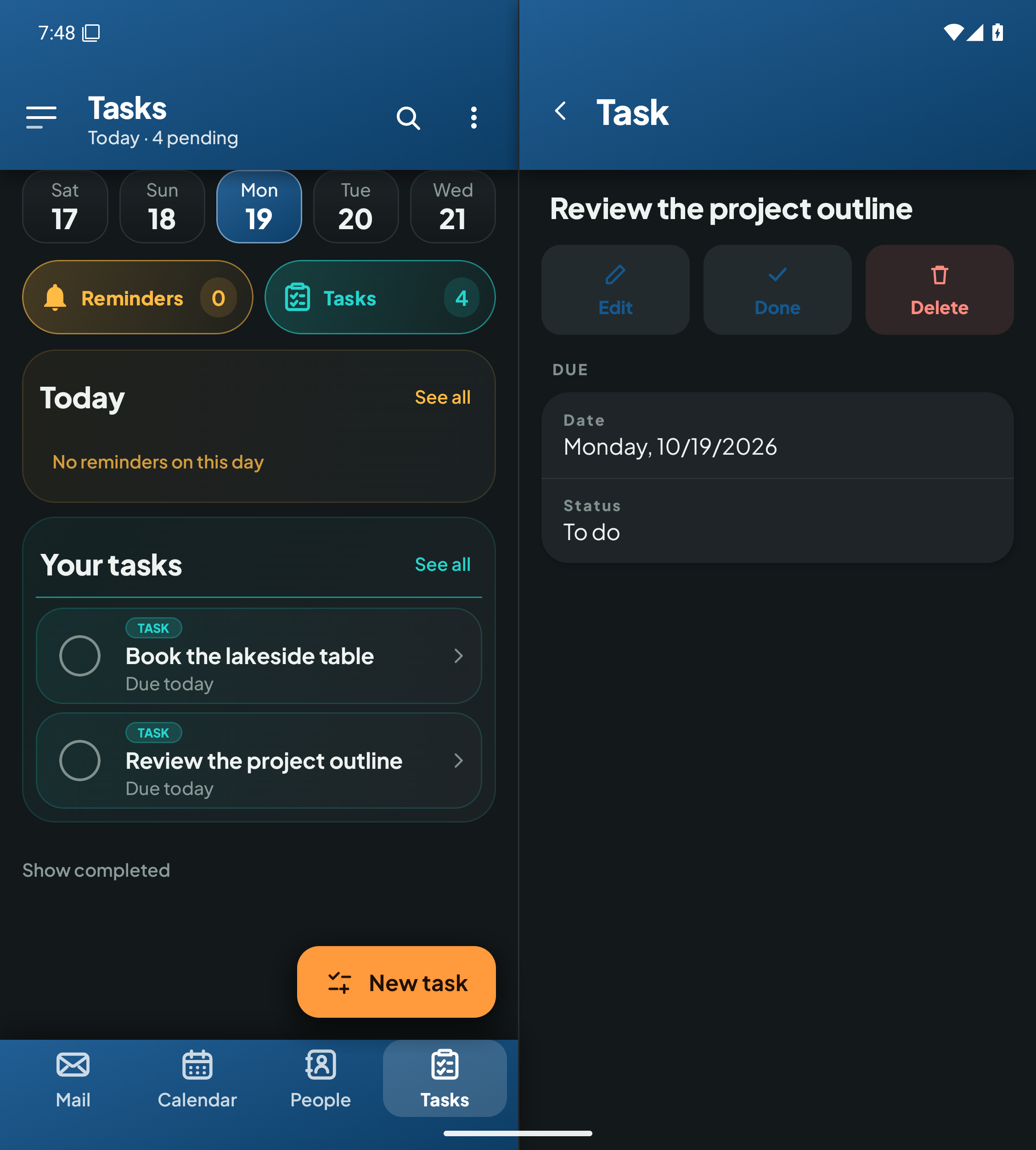 Keryx tasks on an open foldable, with the task list beside the selected task and due date