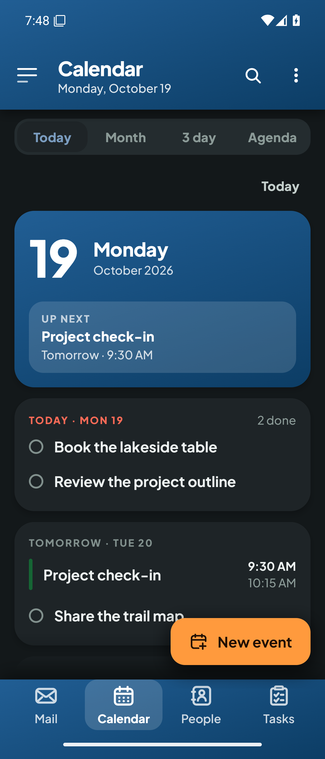 Keryx Calendar Today view with upcoming events and tasks